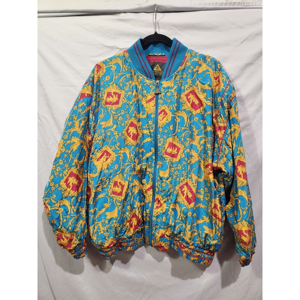 Y2K Casual Isle Silk Bomber Jacket Mens MED Teal Gold Baroque‎ Vintage Excellent